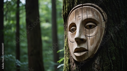 A wooden carving of a face is attached to a tree in the forest