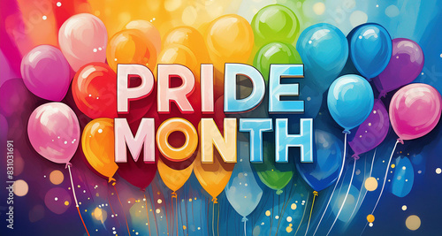 Fondo colorido del mes del Orgullo LGBTQ+ de Globos de colores del arcoiris que escriben la palabra Pride Month
