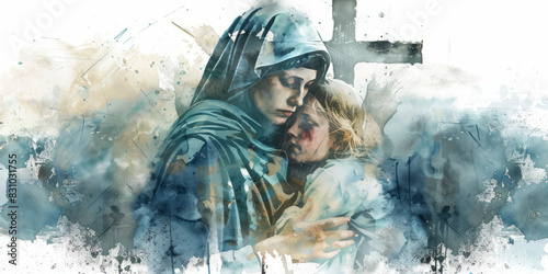 Digital illustration of the Sixth Sorrow: Mother Mary cradling Christ with a watercolor cross behind them.