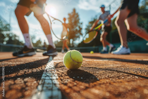 friends enjoying a game of tennis on a sunny court, with rackets, balls, and active movement, promoting sports and social interaction.