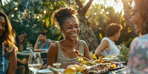 friends having a casual backyard barbecue, with grilled food, laughter, and natural surroundings, emphasizing social gatherings and outdoor fun.