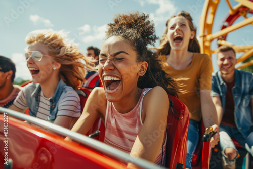 friends having a fun day at a theme park, with rides, games, and happy faces, highlighting leisure and adventure.