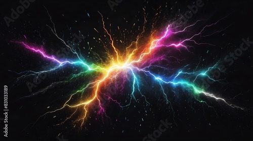 abstract impact of rainbow glowing light particles with lightning sparks on plain black background