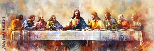 The Last Supper. Jesus Christ. Maundy Thursday. New Testament Scene. Watercolor Biblical Illustration