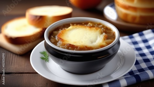 bowl of French onion soup topped with a layer of melted cheese and served in dark brown bowl. bowl is placed on a white plate next to a blue and white checkered napkin. sliced bread on background