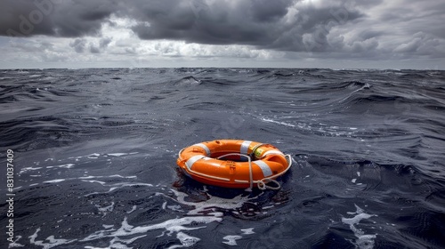 Bright orange lifebuoy floating in the vast sea, symbolizing safety and hope under the expansive sky