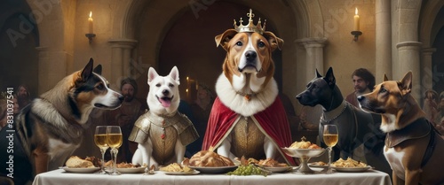 A regal gathering of dogs dressed in medieval attire seated at a banquet table filled with food, in a grand castle hall.