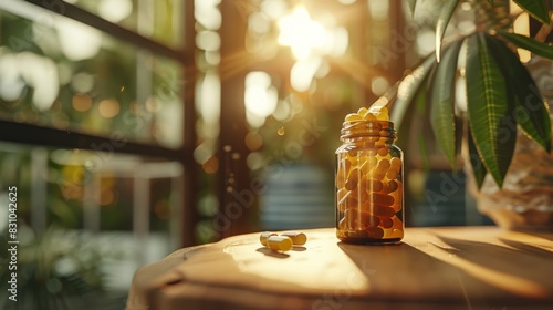 Two bottles of pills sit on a wooden table