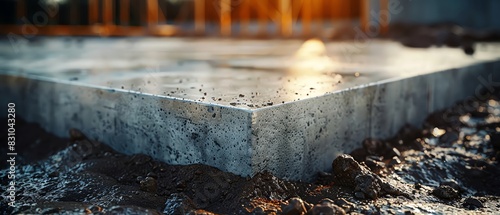 A close-up view of a concrete foundation slab at a construction site, showcasing new building progress and structural development at sunset.