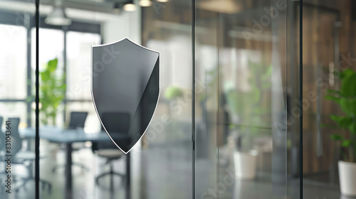 modern security concept with a sleek shield icon in an office setting
