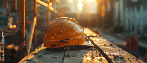 Close-up of a construction site at sunset with an orange safety helmet placed on a wooden plank, symbolizing hard work and dedication.