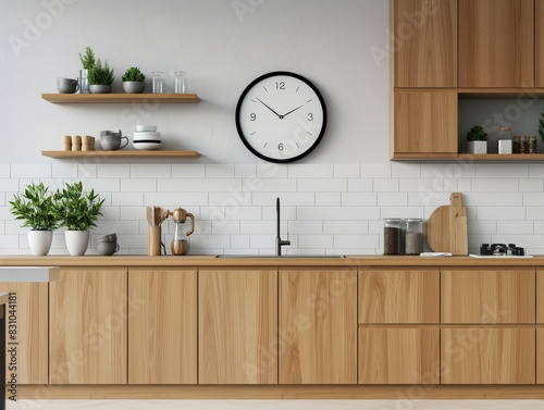 Mockup of a blank white wall clock in a minimalist kitchen setting