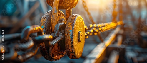 Close-up of industrial rusty chain and gears in sunlight. Depicts strength, machinery, and vintage mechanical parts.