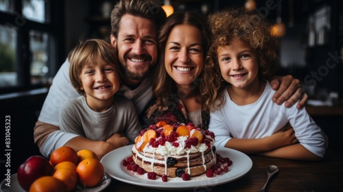 Happy family with two children smiling in a cafe, sharing a large dessert
