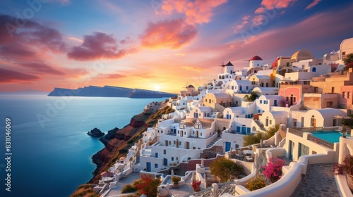 The iconic view of the white Cycladic houses of Santorini cascading down towards the Aegean Sea during a stunning sunset