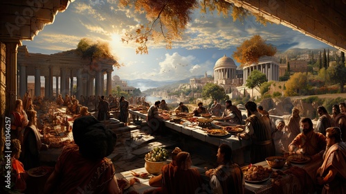 A vibrant depiction of an ancient Greek banquet with guests enjoying a feast amidst temple ruins at sunset
