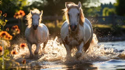 Majestic white horses galloping freely in shallow waters during beautiful sunset