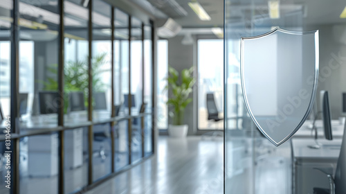  modern office interior with floating silver shield icon, concept of cybersecurity in workplace