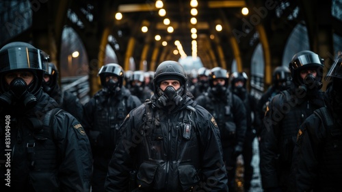 The image showcases a line of riot-geared police officers on an overpass, maintaining order with anonymized identities