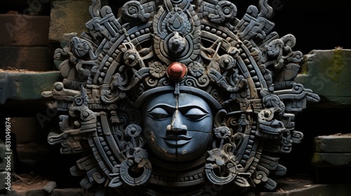 An intricately detailed stone carving represents a Hindu deity with a serene expression