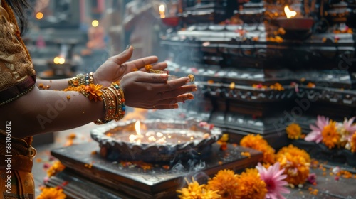 A devotee humbly presents an offering at a temple, expressing deep gratitude and unwavering faith in their beliefs, Created with Generative AI.