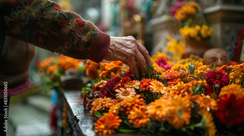 A heartfelt tribute to ancestors as flowers are placed on a shrine, honoring their memory with respect and remembrance, Created with Generative AI.