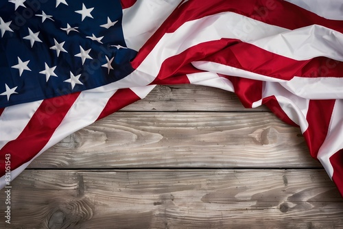 American flag on wooden surface, vibrant colors contrast with neutral background, folds add texture.