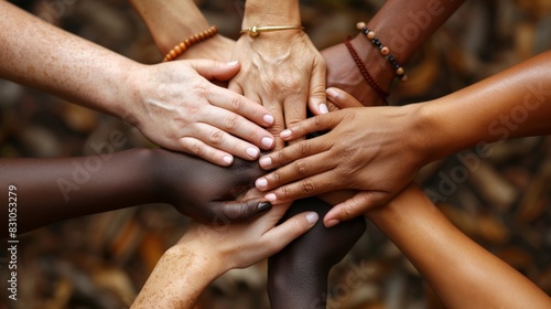 A close-up shot of a group of diverse hands joining together in a circle, each hand representing a different ethnicity. The minimalist background emphasizes the unity and inclusion, capturing the