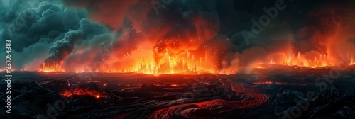 Lava spurting out of crater and reddish illuminated smoke cloud, lava flows, erupting volcano. Panoramic view panorama