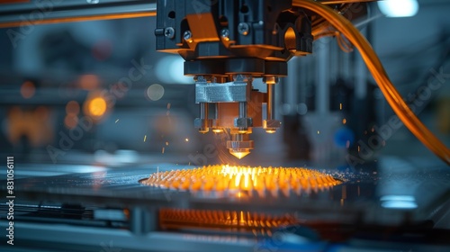A close-up of a 3D printer in action, creating a complex geometric object, symbolizing innovation and technological advancement in manufacturing.