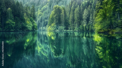 mirror-like lake with pine pic