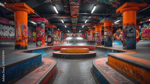 Vibrant Urban Skateboard Park with Colorful Graffiti Art Murals, Perfect for Extreme Sports Enthusiasts 