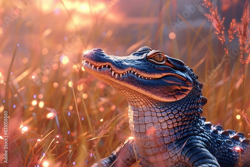 Featuring a cute crocodile sits in tall grass, hyperrealistic , uhd, happy colors, happy vibes, glowing lights