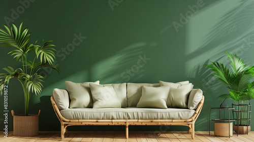 Rattan sofa against green wall with copy space. Boho home interior design of modern living room