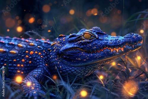 A cute crocodile sits in tall grass, hyperrealistic , uhd, happy colors, happy vibes, glowing lights