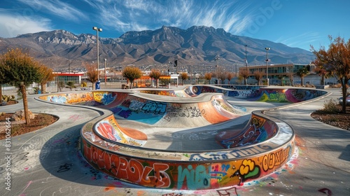 Vibrant Urban Skateboard Park with Colorful Graffiti Art Murals, Perfect for Extreme Sports Enthusiasts 