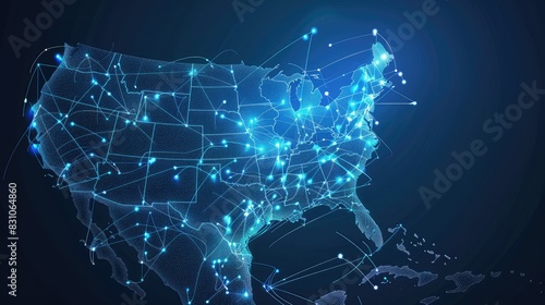Blue glowing plexus map of United States of America on dark blue background.