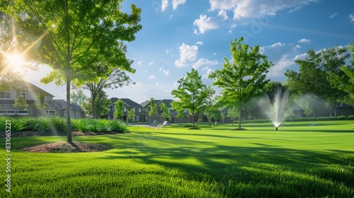 A green field featuring a fountain in the center