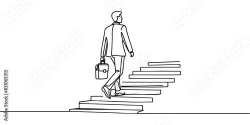 Continuous one line drawing. Reach the target. Businessman climbing stairs to the target. Concept business vector illustration.