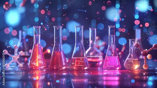 High-resolution illustration of a chemistry set with various liquids and molecular structures, isolated background, studio lighting