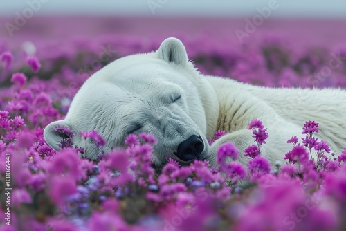 A polar bear is peacefully sleeping in a field of purple flowers, blending in with the colorful surroundings