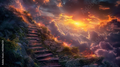 Enchanted steps rising into a luminous twilight sky, capturing the essence of a personal journey and the quest for enlightenment