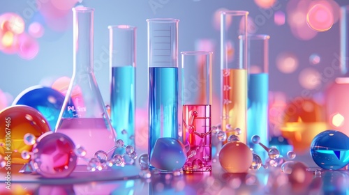 Detailed illustration of test tubes and beakers with vibrant chemical solutions, molecules floating around, isolated background, studio lighting