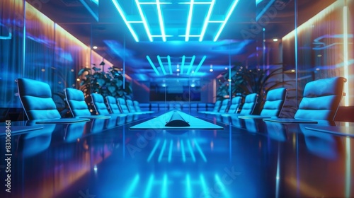 blurred tech conference room with integrated ai tools business technology background