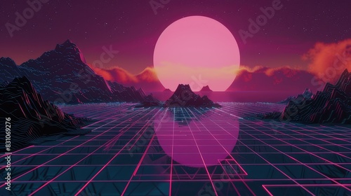Synthwave landscape with mountains and sun.