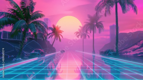 Synthwave retro futurism landscape with road going into the distance, flanked by palm trees and a setting sun.