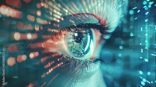 The eye of a person looking at a digital screen. The eye is surrounded by a blue light.