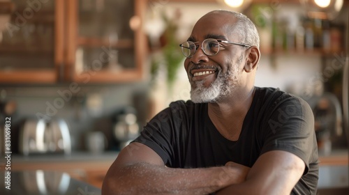 Portrait of a happy middle-aged black man leaning against a kitchen counter, looking away, smiling, and contemplating.