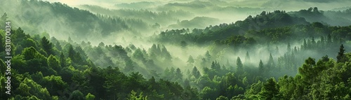 The misty forest below, enveloped by a blanket of trees, provides a serene view.