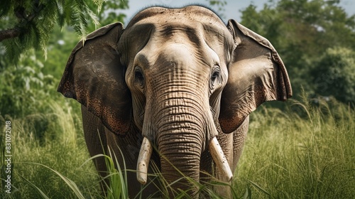 Close-up of an elephant in a grassy field, showcasing its majestic and serene presence in the wild under a clear sky.